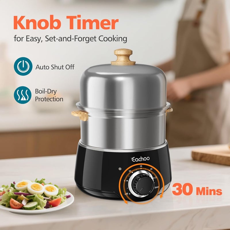 CACHOO Hard Boiled Egg Cooker - 14-Egg Rapid Stainless Steel Egg Boiler with 30-Min Timer & Auto Shut Off, Compact Electric Vegetable Steamer for Cooking, Dishwasher Safe, Black - Image 3